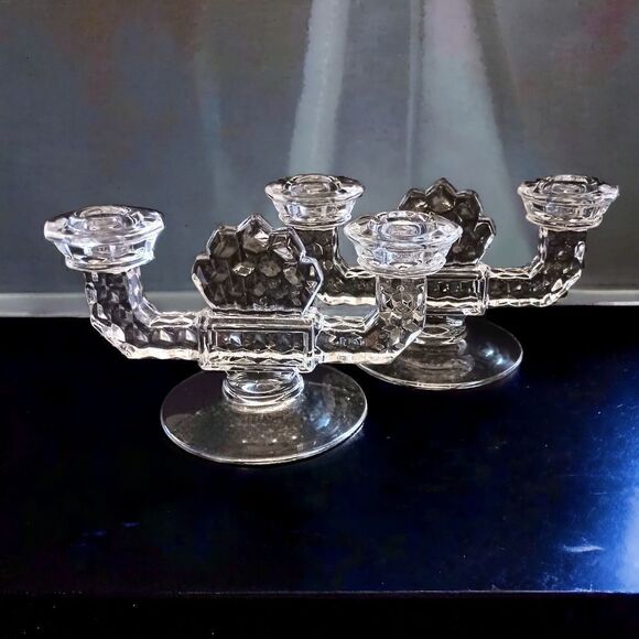 Fostoria American Clear Candlesticks Glass Double Holders Vintage Art Deco Pair. - Picture 7 of 16